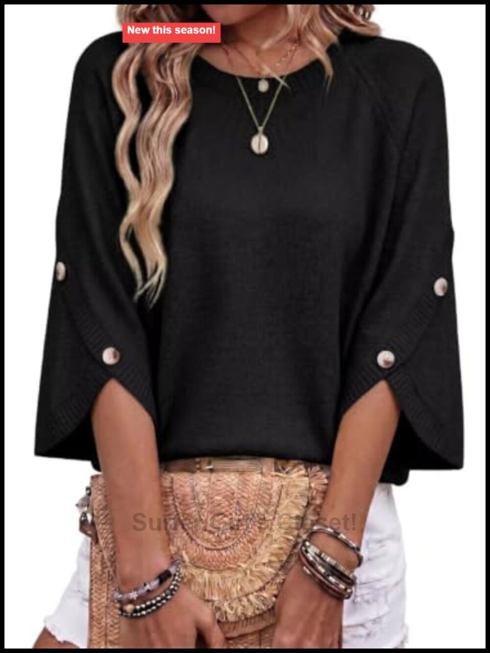 Womens Oversized 3/4 Button Sleeve Crewneck Lightweight Knit Pullover Sweater